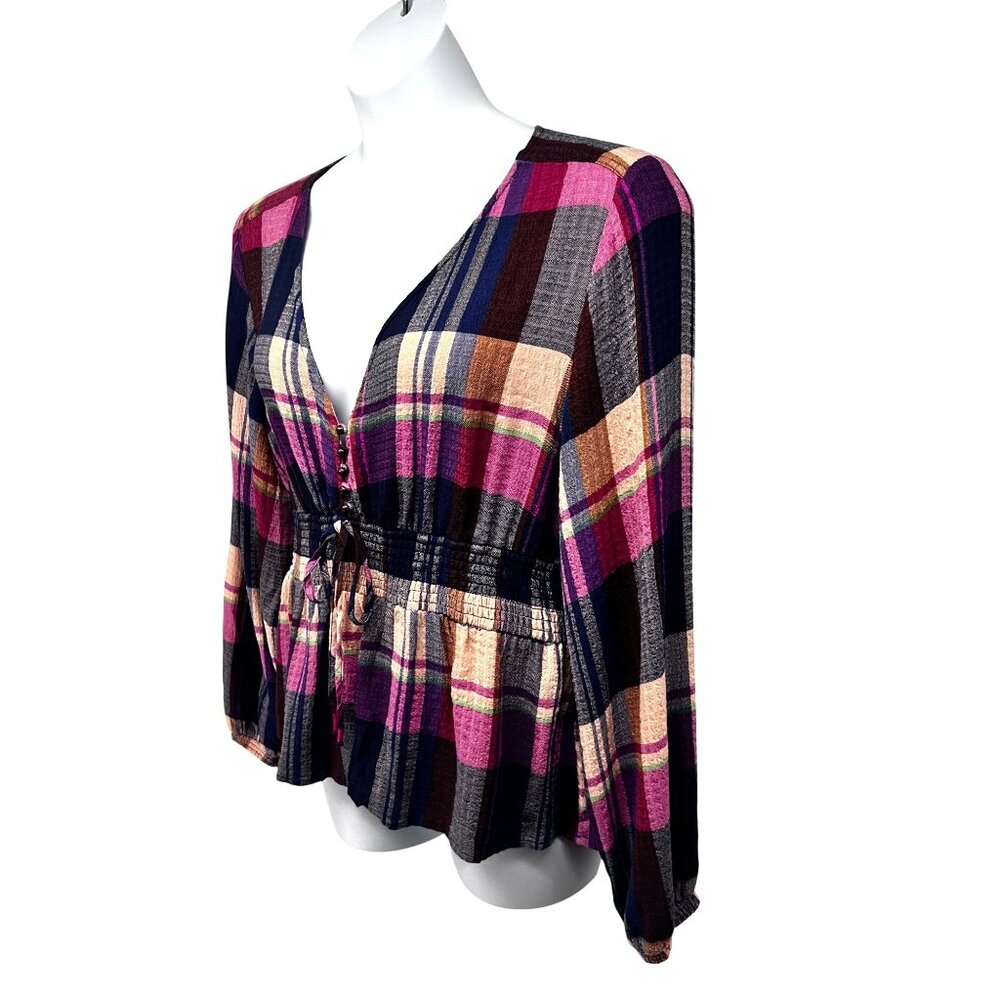 Anthropologie Pilcro The Rory Puff Sleeve Smocked V-Neck Plaid Boho Top Shirt XL - Picture 3 of 10